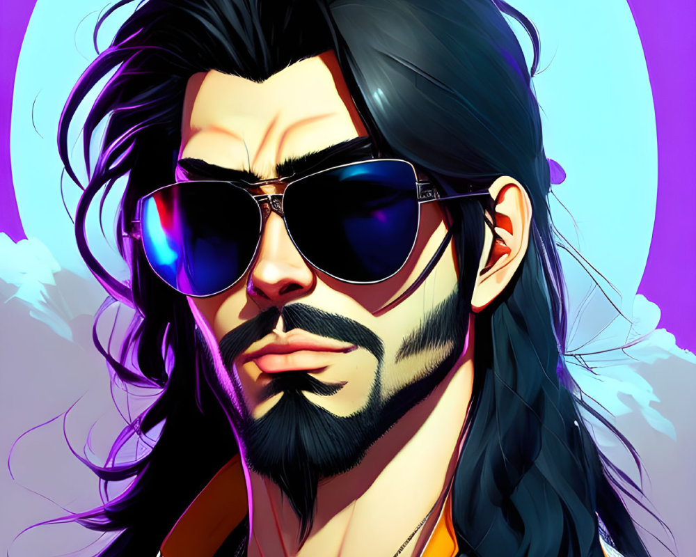 Man with Long Black Hair and Beard in Sunglasses, White T-shirt, Yellow Jacket on Purple Background