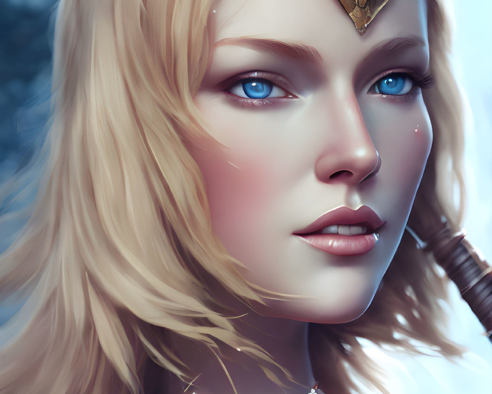 Digital portrait of woman with blue eyes, blonde hair, golden crown