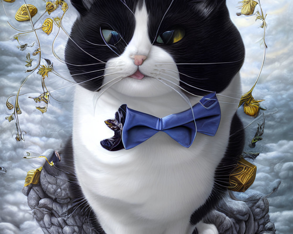 Illustration of black and white cat with blue bow tie surrounded by butterflies and roses