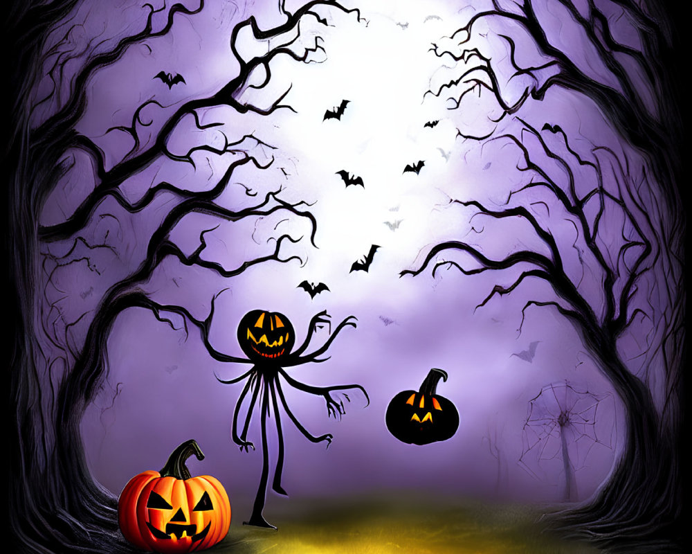 Halloween-themed image with full moon, silhouetted trees, bats, jack-o'-lan