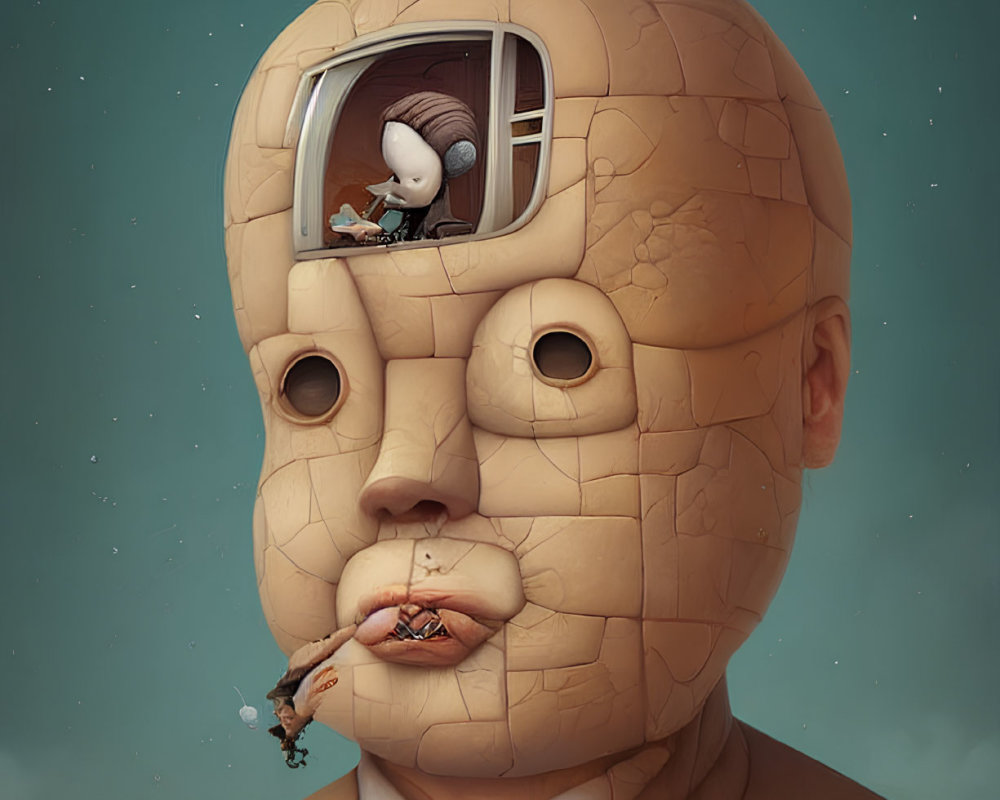 Surreal Illustration of Giant Cracked Head with Rooms and Characters Inside