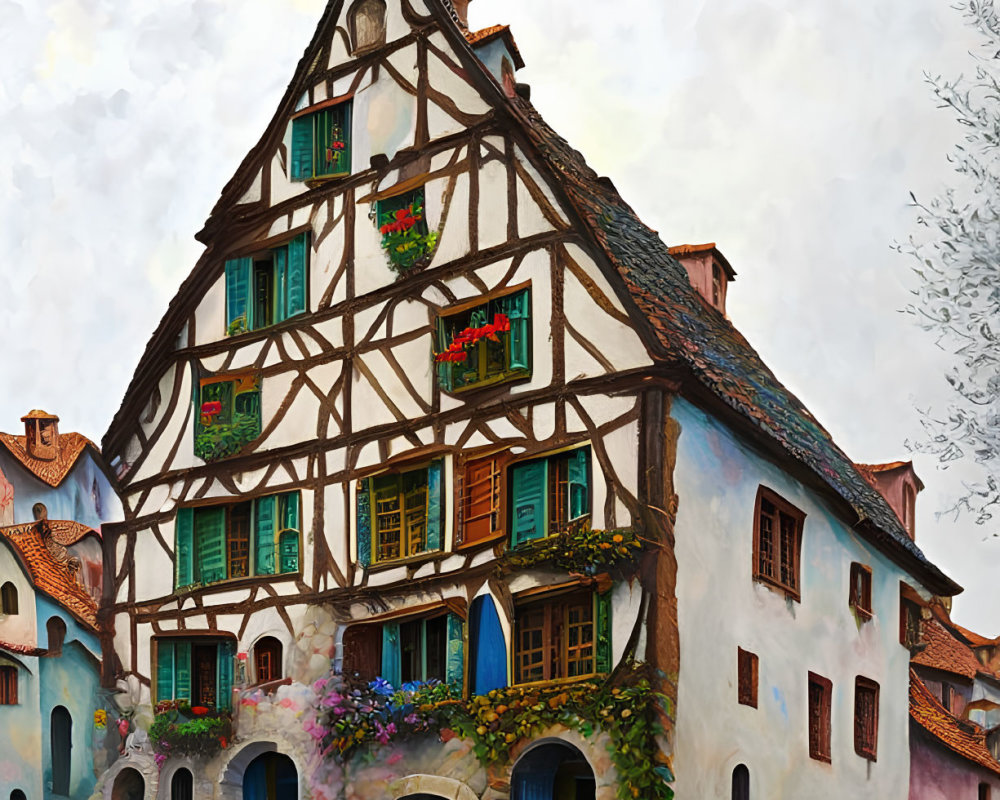 Half-Timbered House with Pointed Roof and Flowers in Old-Fashioned Village Street