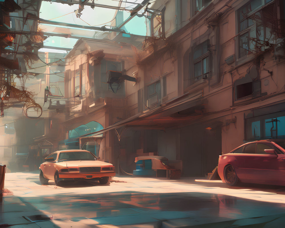 Sunlit urban alley with futuristic elements, cars, and balconied buildings in warm glow