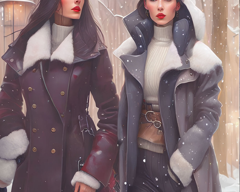 Two Women in Stylish Winter Attire Amidst Snowy Scene