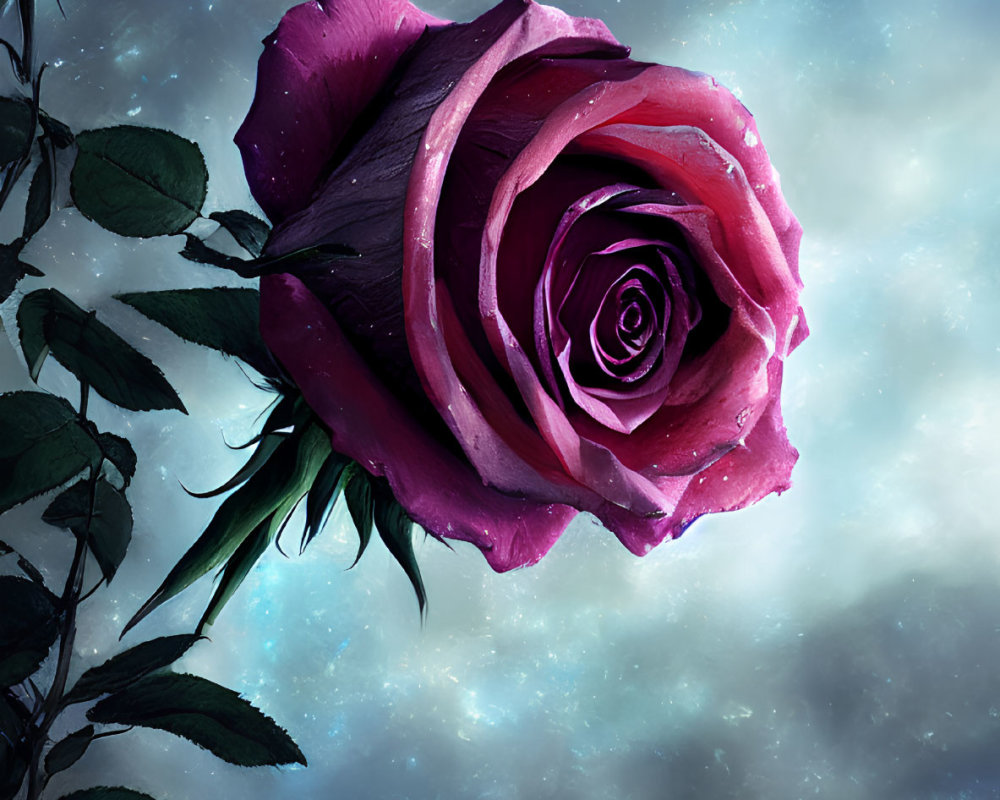 Pink Rose with Dewdrops on Cosmic Background: Dreamy and Vibrant