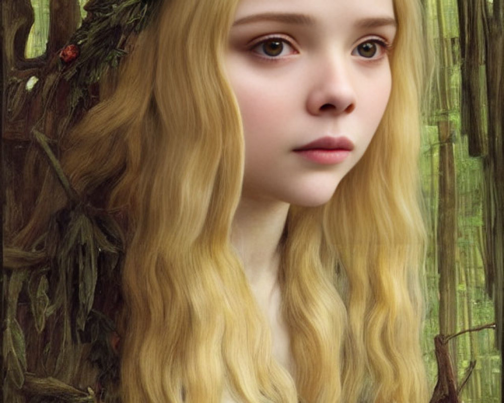 Young girl with long blonde hair in woodland crown in lush forest