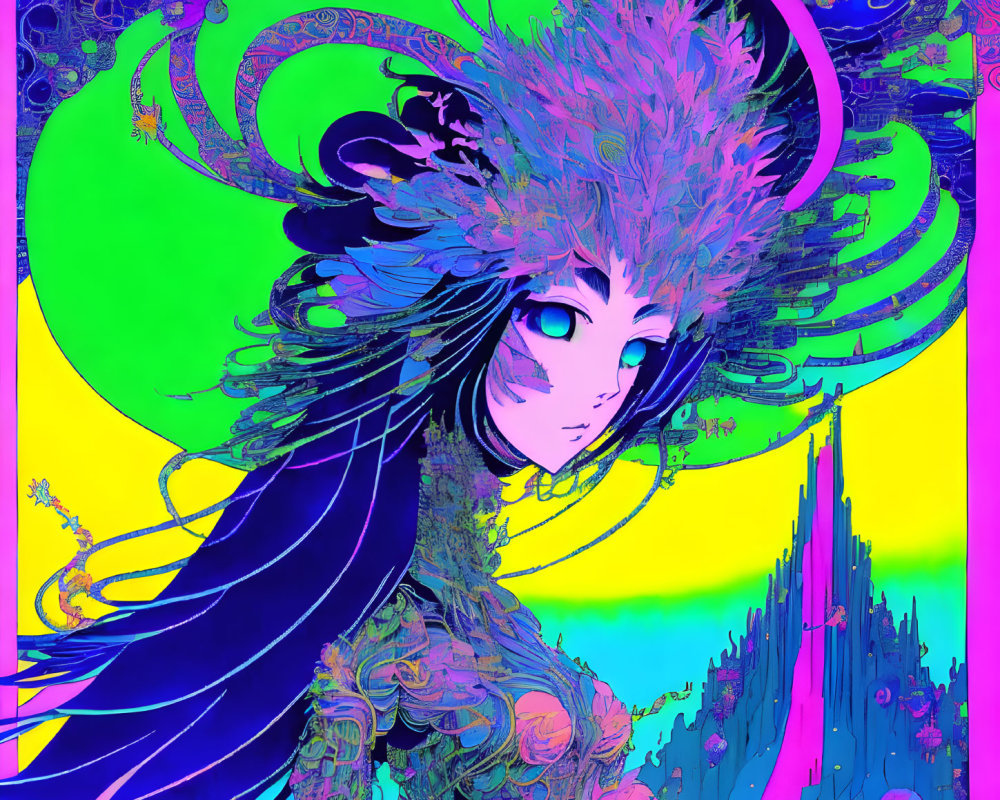 Colorful digital artwork of stylized character with feather-like headdress in abstract design.