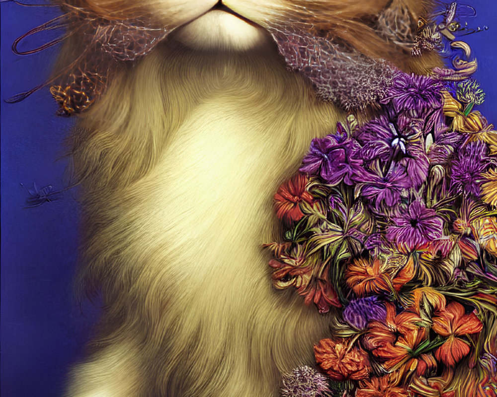 Fluffy cat with human-like eyes and floral headdress on blue background