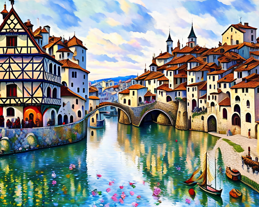 Vibrant painting of old European village with river, bridge, boats, and flowers