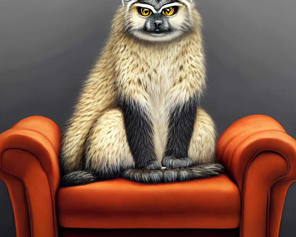 Regal lemur on red-orange armchair with yellow eyes