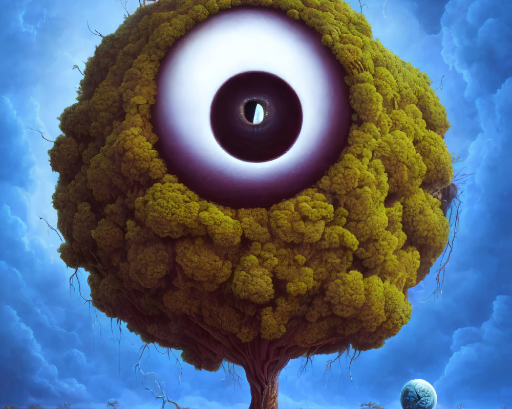 Surreal tree illustration with giant eye, person, and orb under blue sky