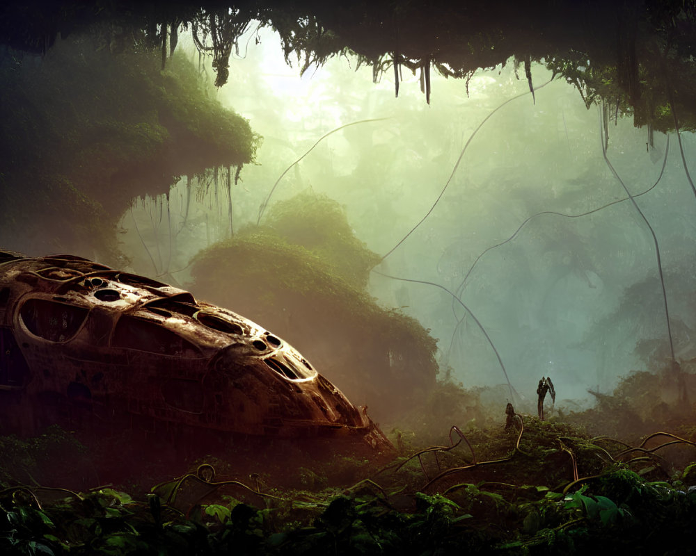 Person near crashed spaceship in lush jungle with filtered light