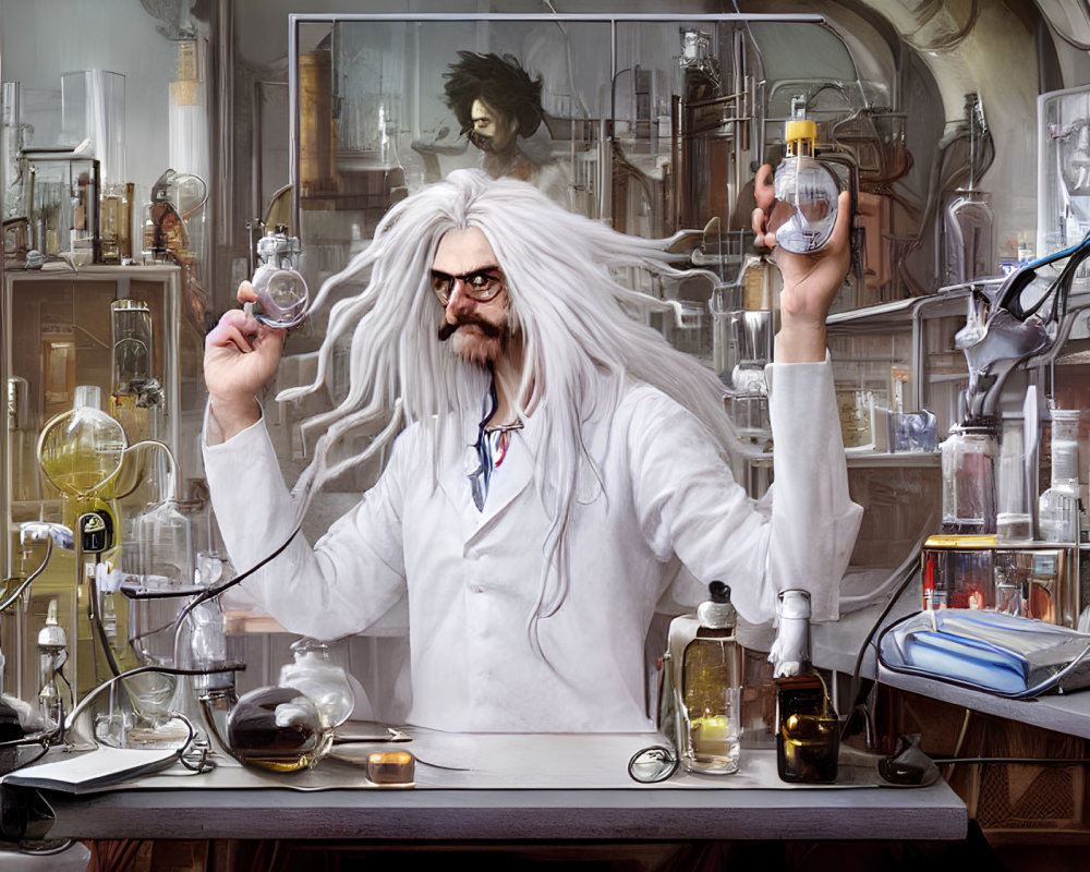 Scientist animated character in cluttered lab with flask and portrait