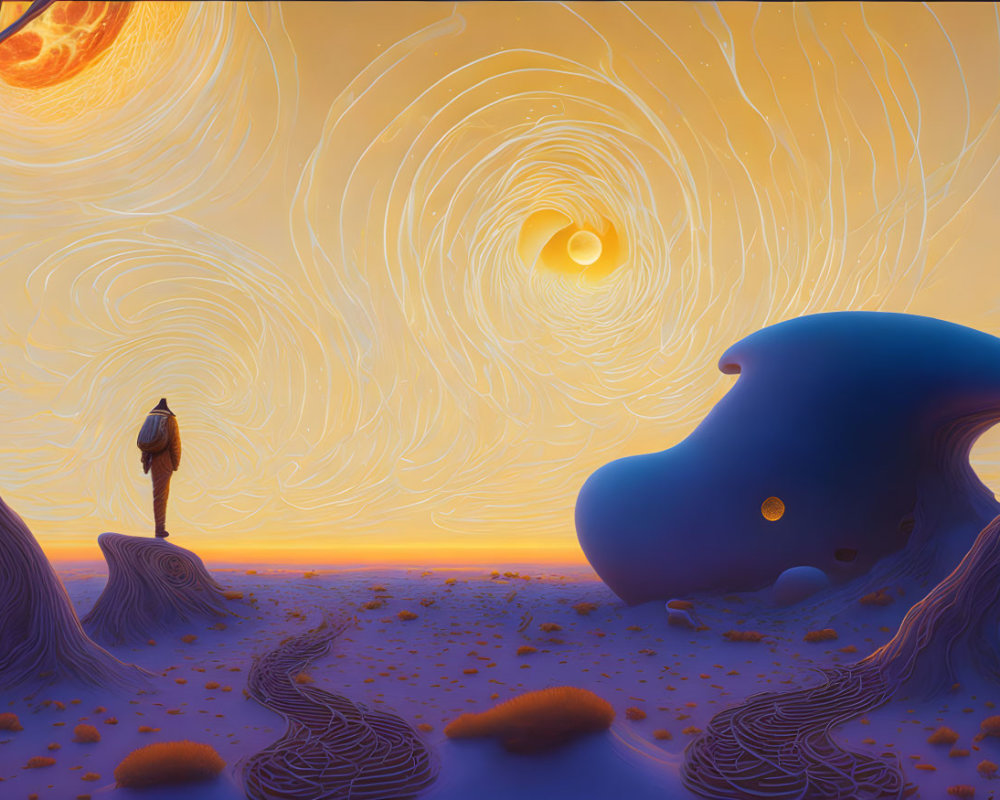 Person standing on surreal orange landscape with swirling skies and moon-like orb.