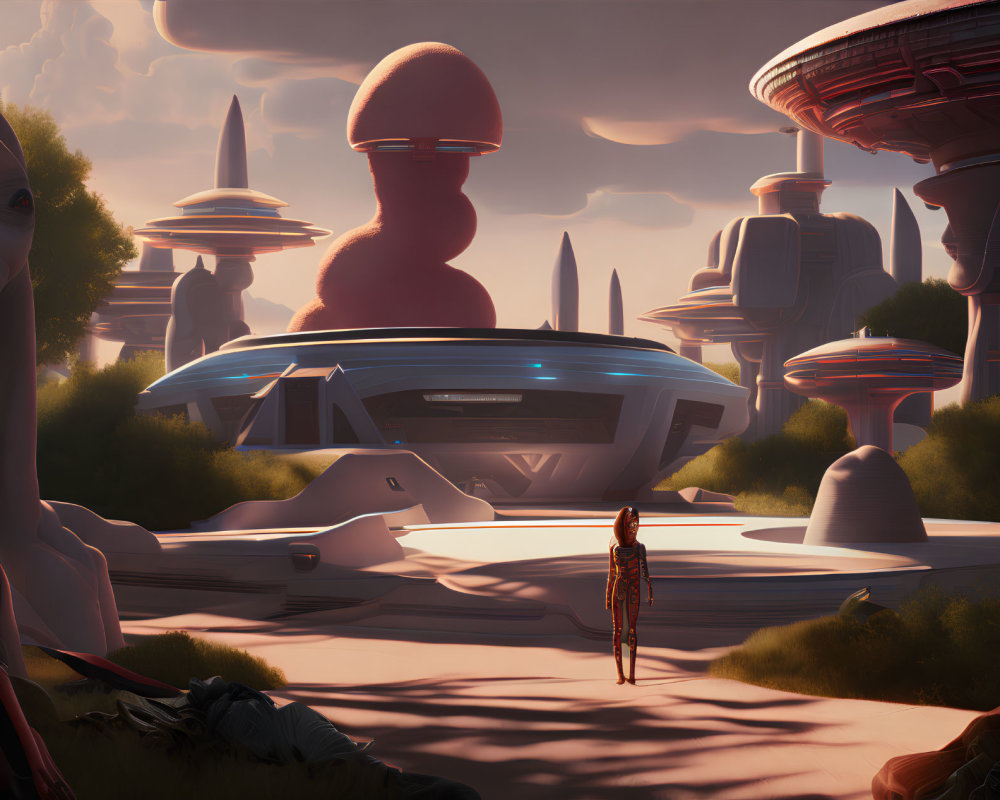 Futuristic landscape with sleek buildings and towering mushrooms