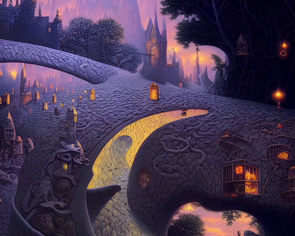 Fantastical landscape with winding paths, twilight sky, glowing lanterns, whimsical houses, and