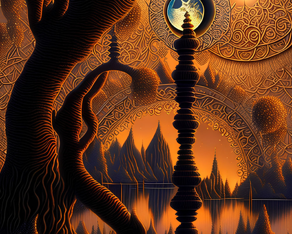 Fantasy landscape with ornate tree, spiral tower, moon, sun, and starry sky reflected