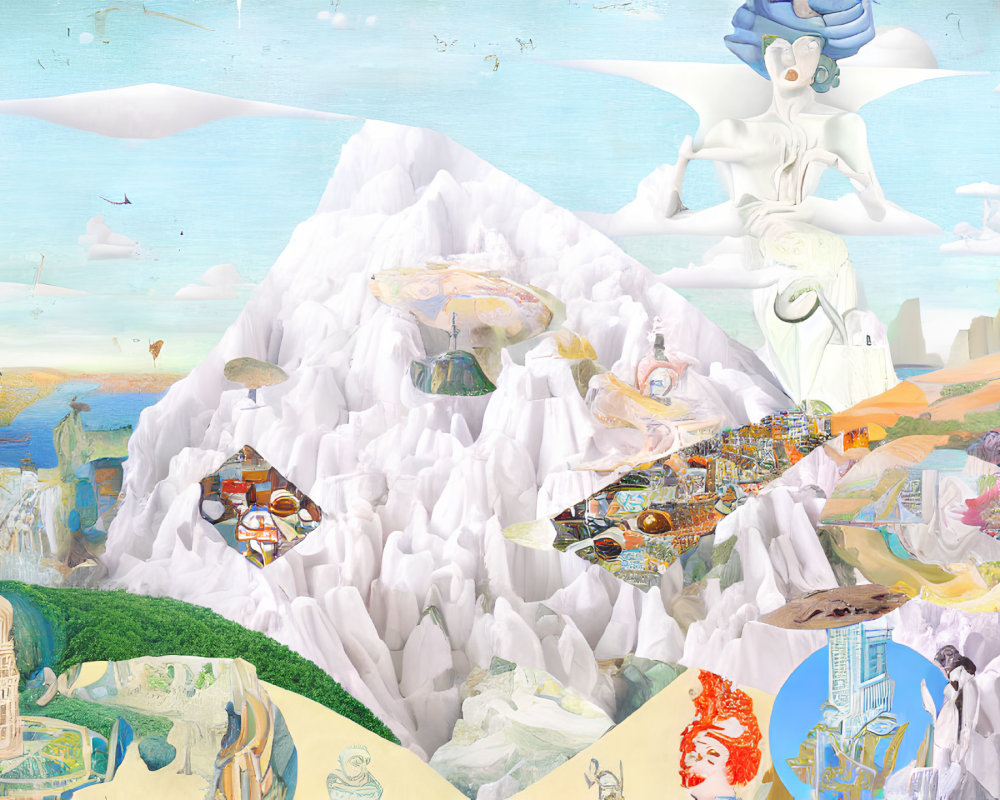 Surreal collage with icy mountain and fantastical elements