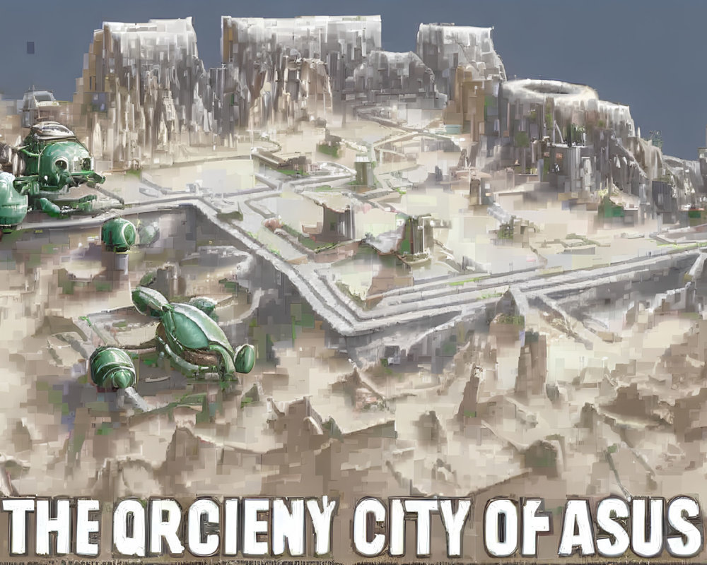 Fictional ancient city "ASUS" with turtle-like structures in desert