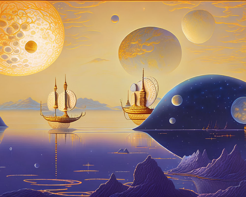 Fantastical seascape with ancient ship-like vessels and multiple planets in golden celestial ambiance