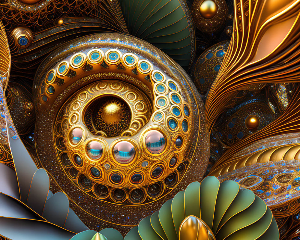 Intricate Golden and Turquoise Spiral Fractal Image