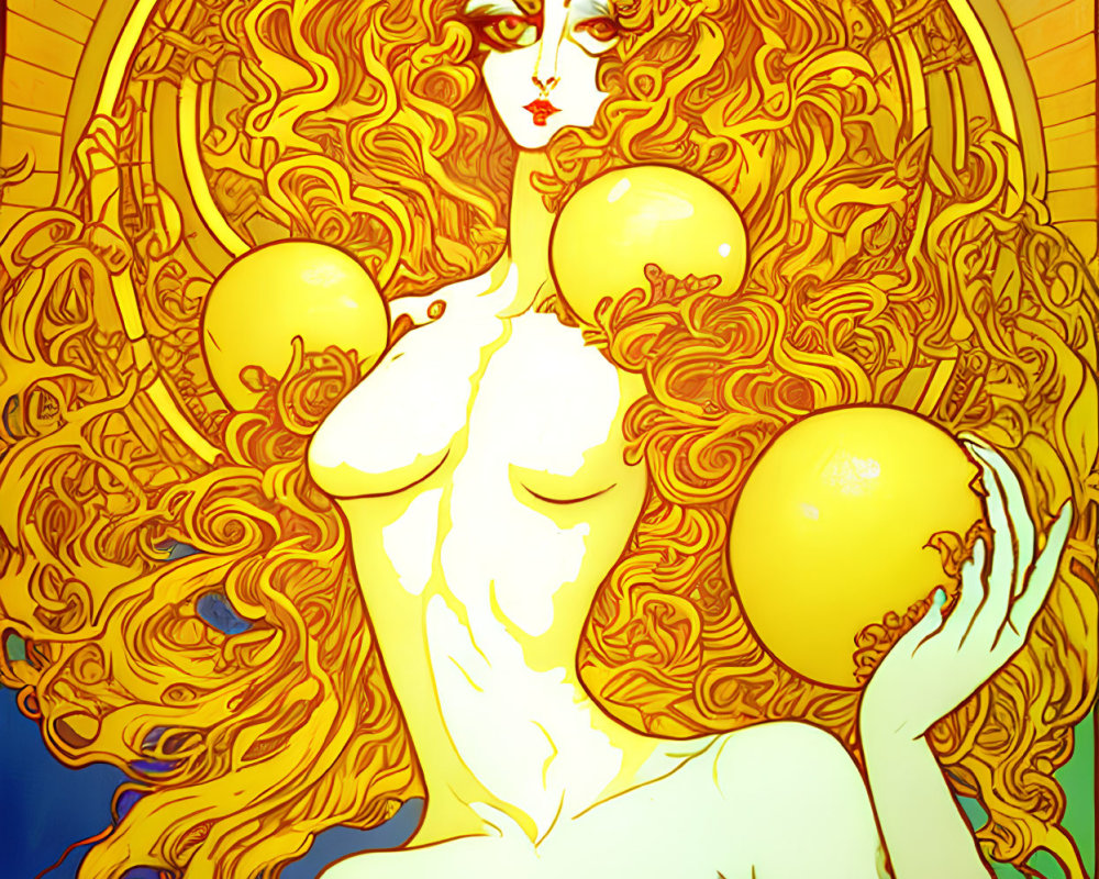 Art Nouveau-style Woman Illustration with Orbs and Flowing Hair