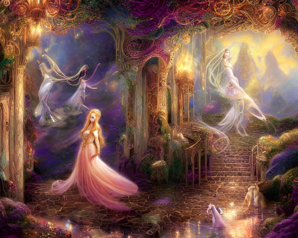 Ethereal woman in pink dress with mystical wildlife in enchanted garden