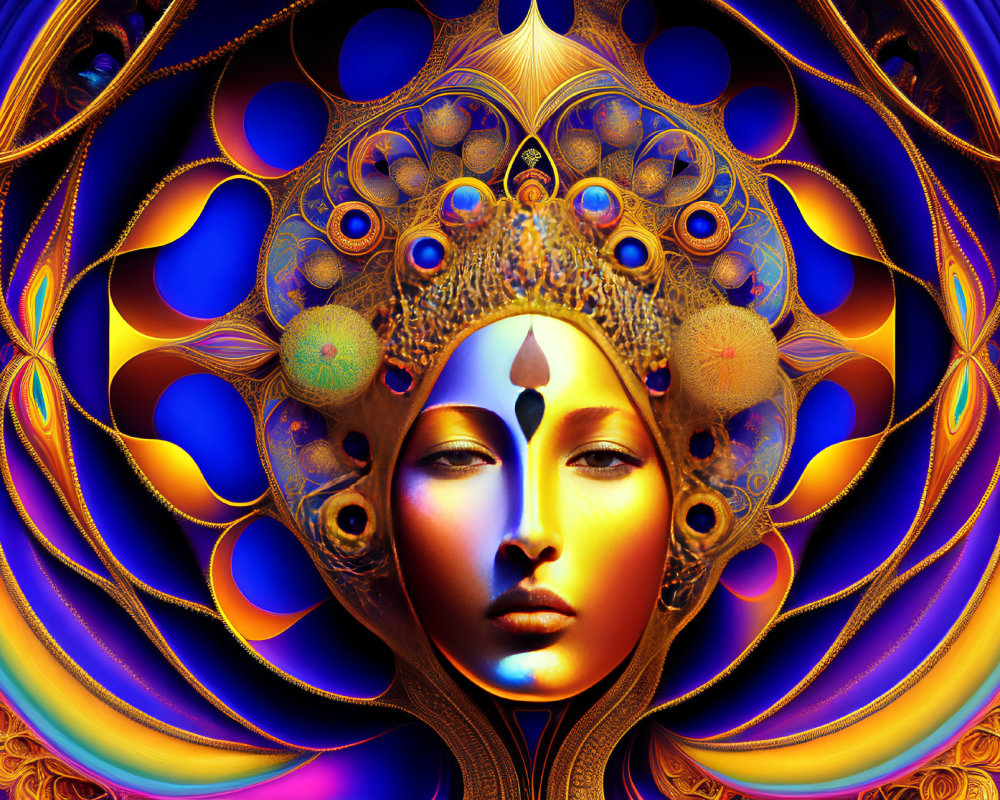 Colorful Fractal Art: Golden Humanoid Face with Symmetrical Patterns in Blue and Orange