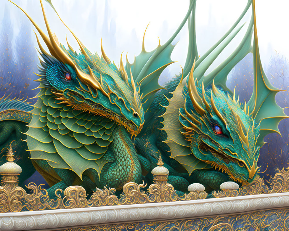 Majestic green and gold dragons on ornate balcony in misty landscape