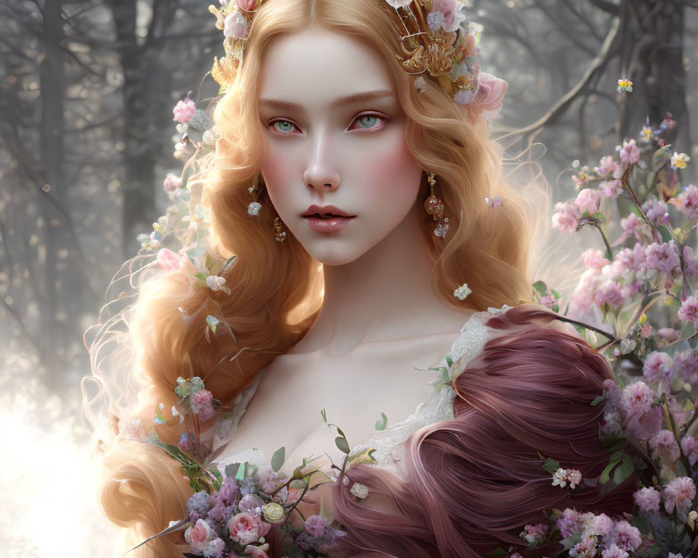 Digital artwork: Woman with golden hair, floral crown, mist, blooming trees