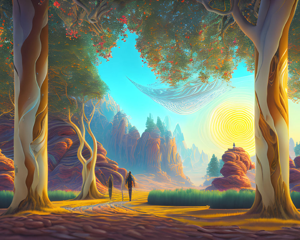 Colorful fantasy landscape with towering trees and swirling skies