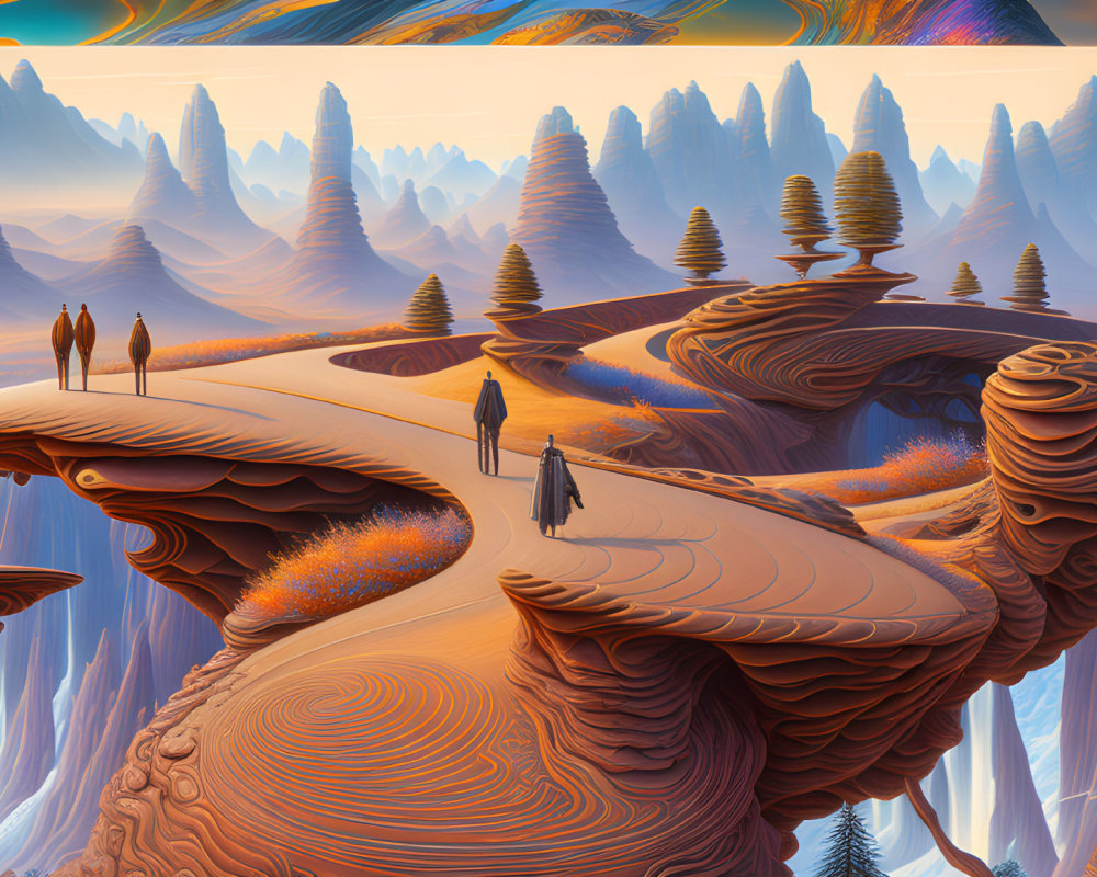 Surreal Landscape with Orange Rock Formations and Pine Trees