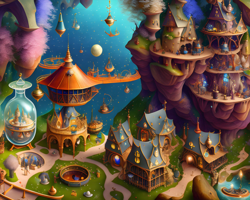 Fantasy landscape with whimsical treehouses, airships, and glowing lights