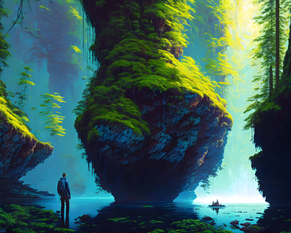 Person Contemplating Moss-Covered Floating Island in Serene Forest