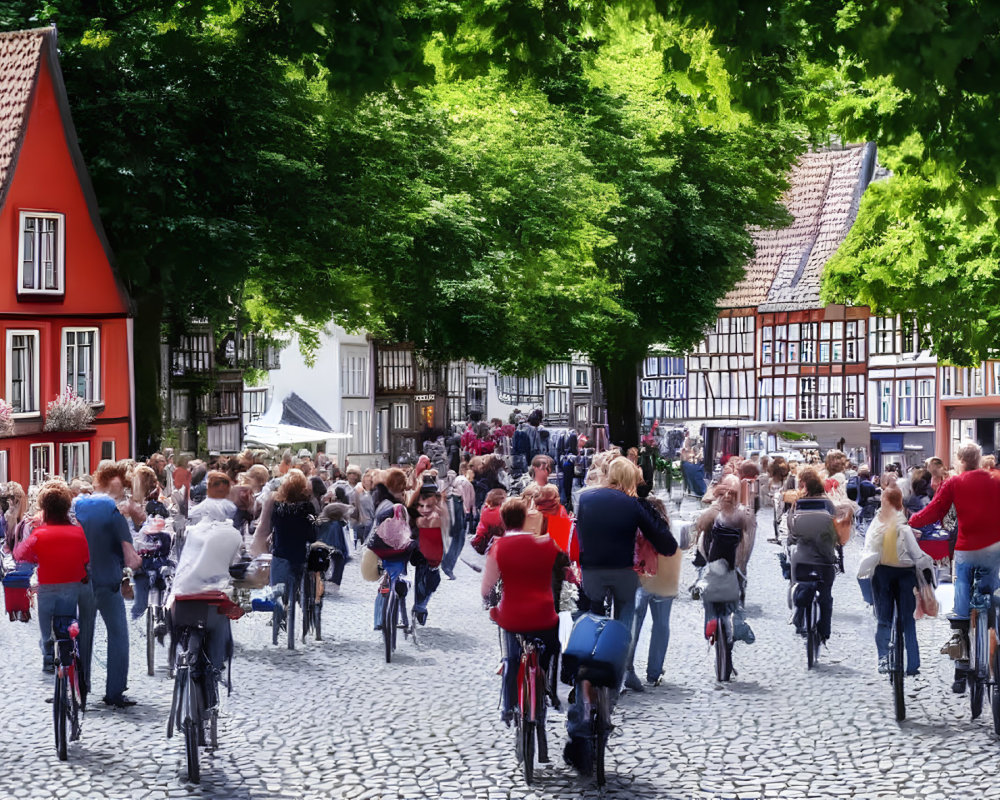 Crowded street with people on bicycles and half-timbered houses