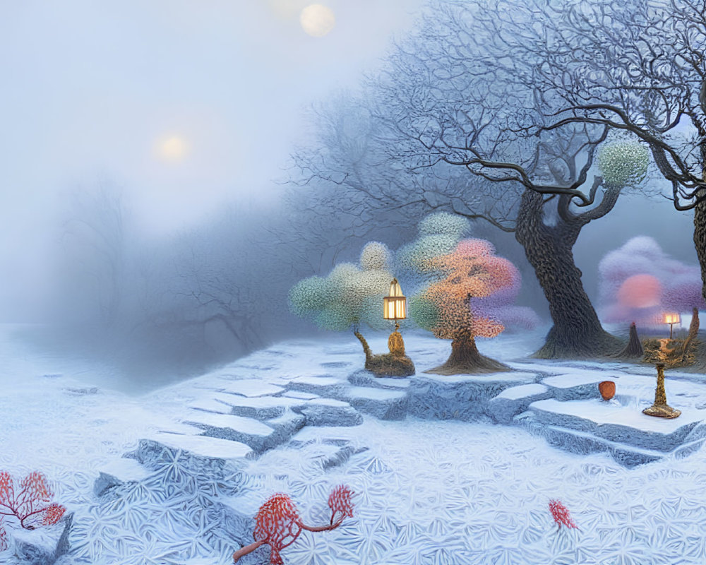 Colorful Winter Scene with Fluffy Trees, Snowy Path, Lanterns, and Cat