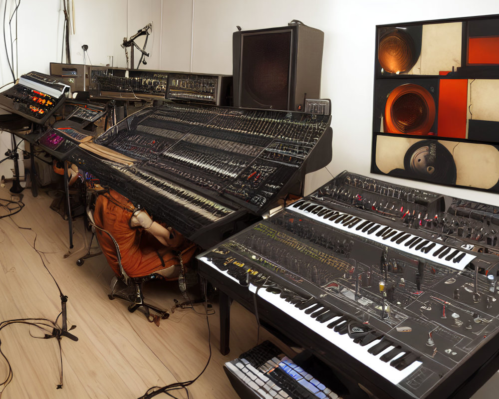 Person adjusting equipment in music studio with synthesizers, keyboards, speakers, and sound panels.