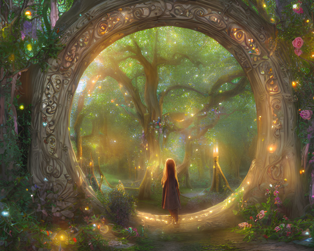 Enchanted forest gateway with ethereal light and fireflies