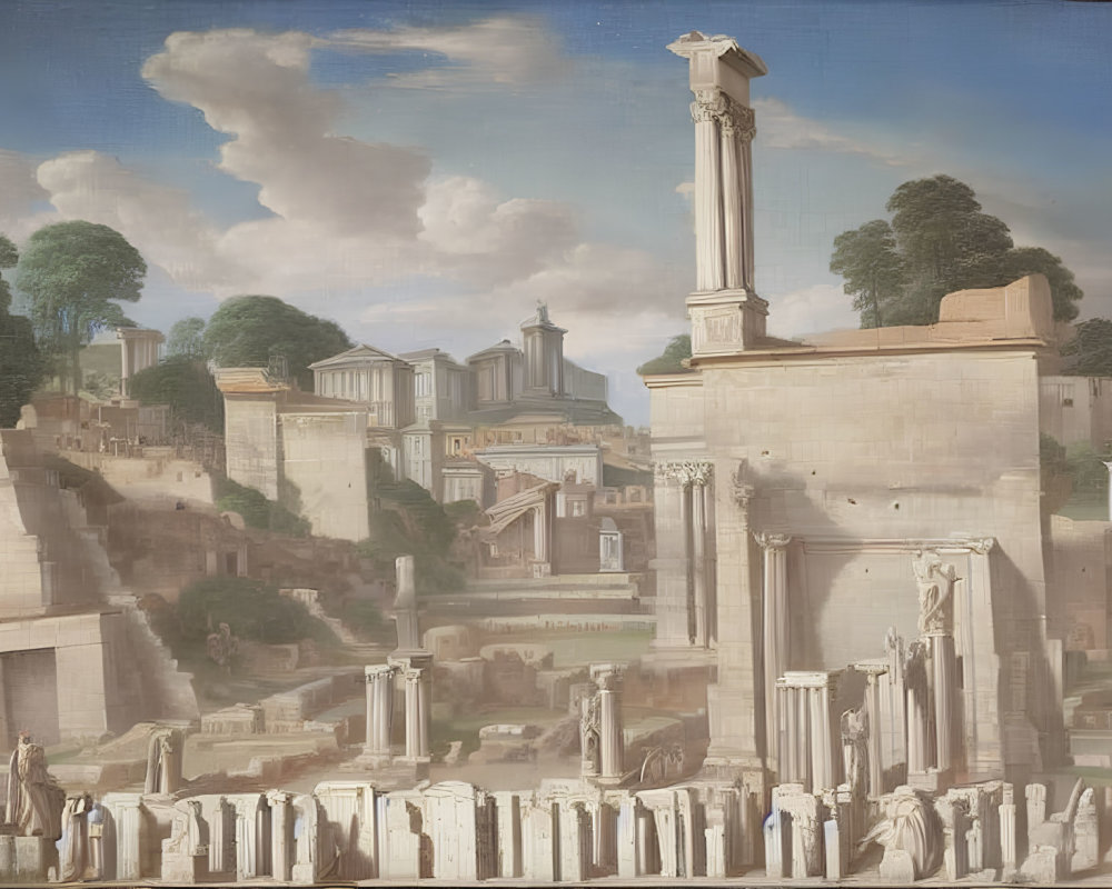 Classical painting of ancient Roman ruins with columns, arches, and statues