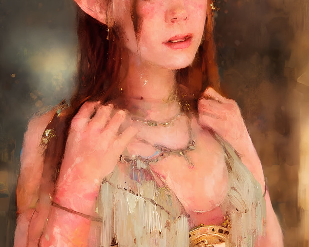 Character portrait: elf-eared, red-haired figure in fantasy attire with golden accents on warm-toned