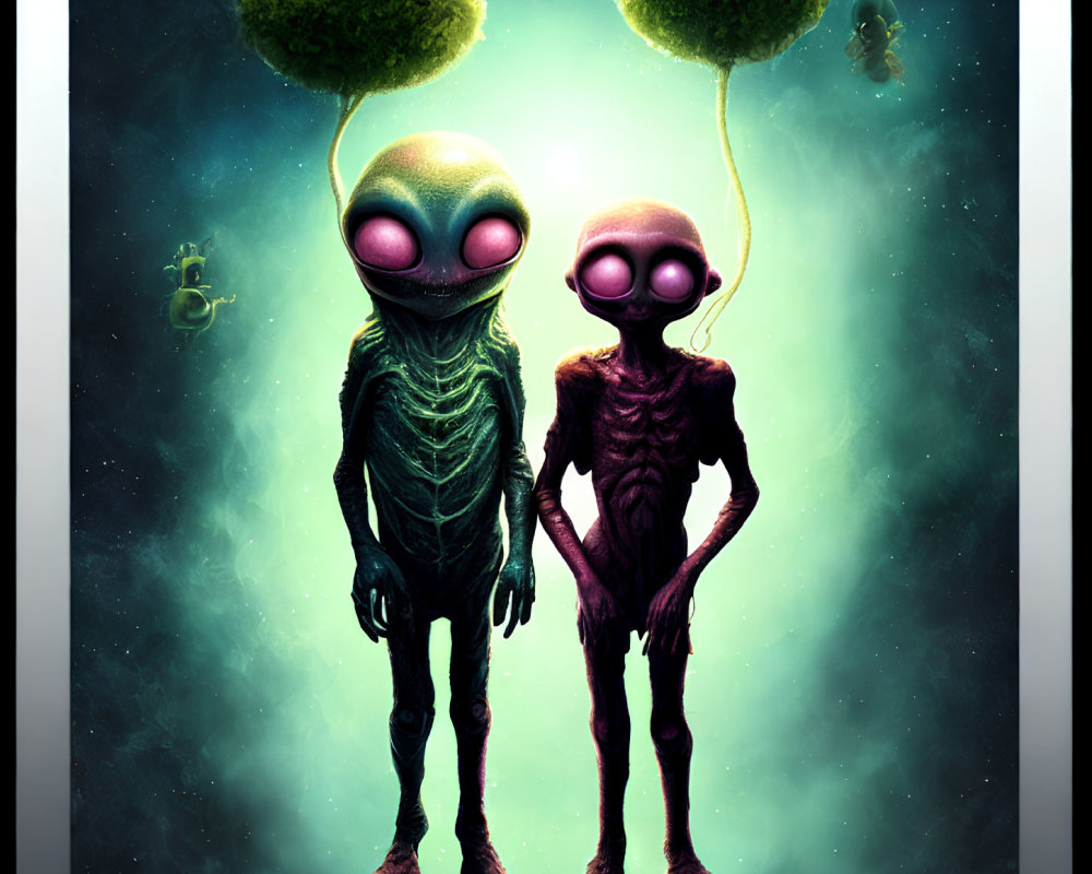 Stylized aliens with elongated heads and tree-like growths in cosmic setting