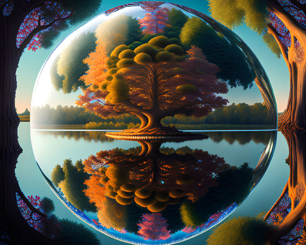 Autumnal landscape distorted in spherical panorama with symmetrical reflection.