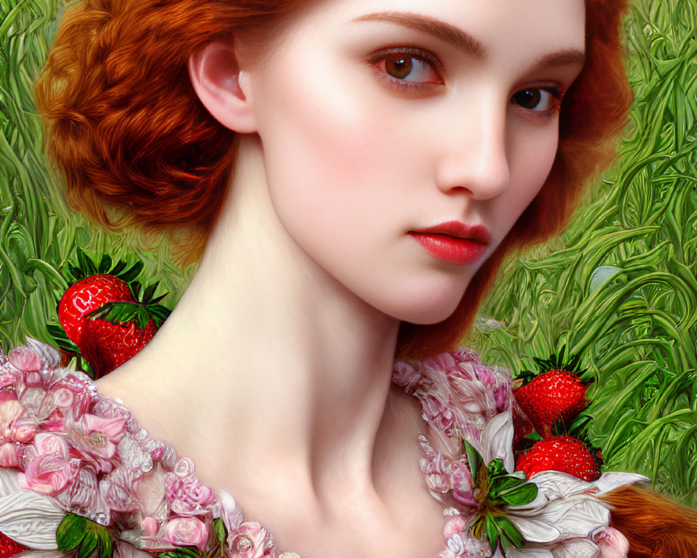 Portrait of Woman with Strawberry Crown and Red Hair on Leafy Background