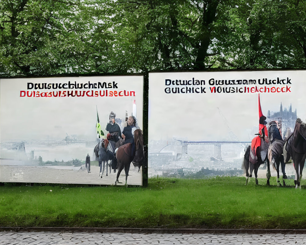 City park scene with riders on horseback, billboard, skyline, and bridge.