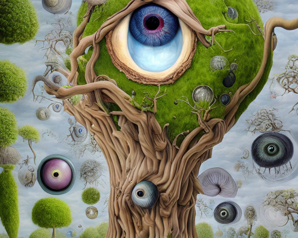 Surreal tree illustration with central blue eye and eye-shaped branches in whimsical landscape