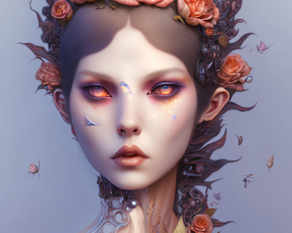 Fantasy Artwork Featuring Person with Floral Headgear and Purple Eyes