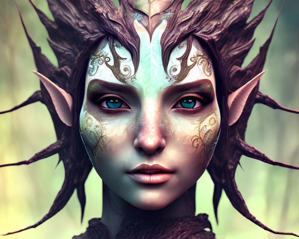 Fantasy elf with intricate markings and pointed ears in ethereal forest.