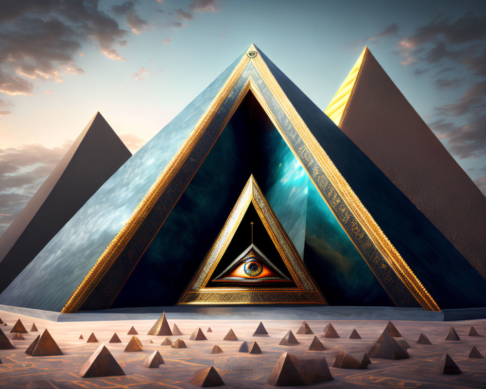 Surreal pyramid scene with illuminated eye and twilight sky