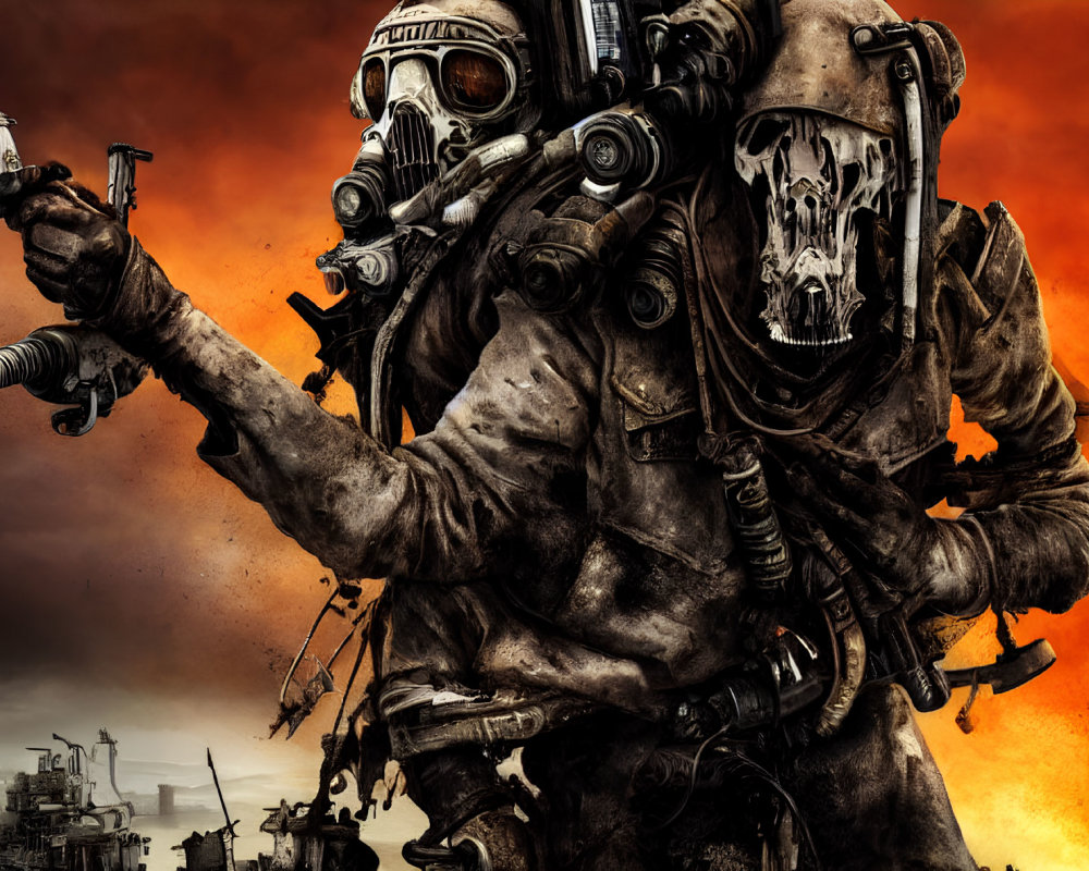 Two people in gas masks in apocalyptic setting with fiery backdrop and industrial ruins.