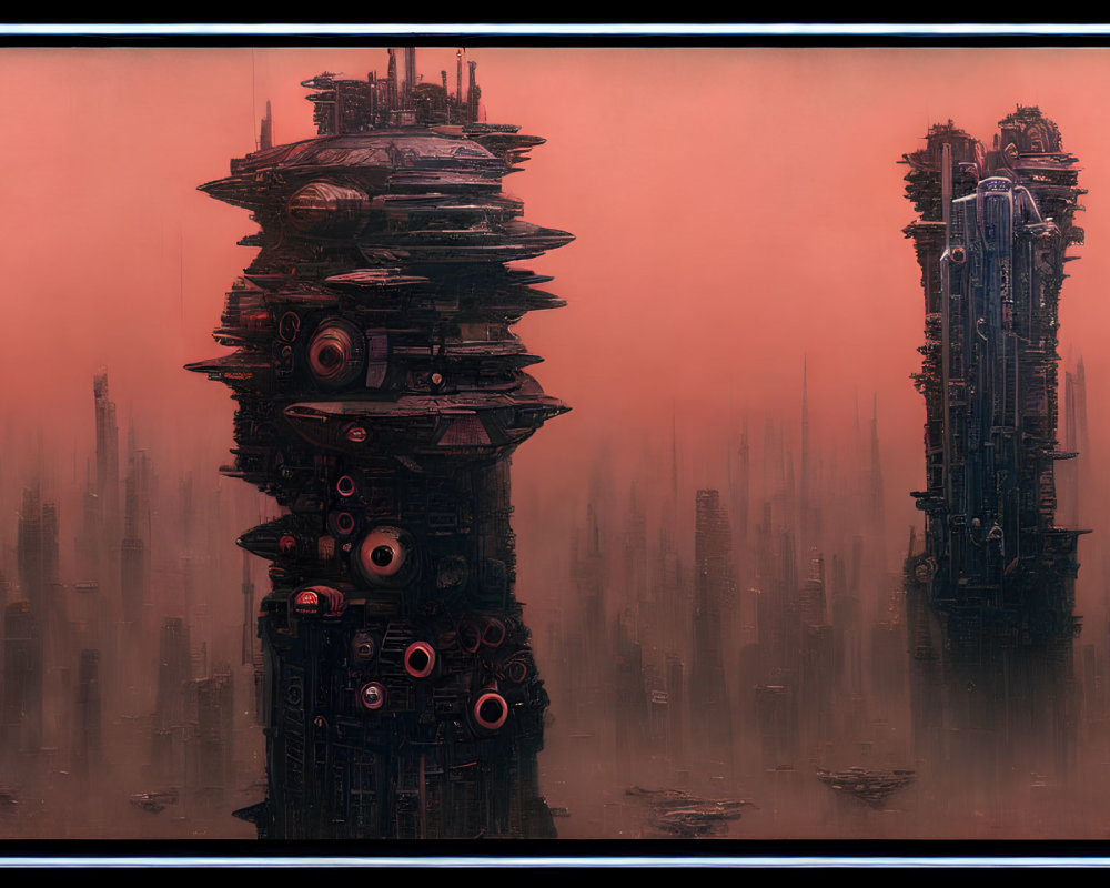 Futuristic towers in misty dystopian cityscape under red sky